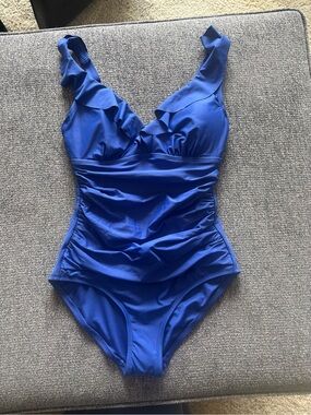 DKNY Women’s Blue Ruffle One-Piece Swimsuit NWOT